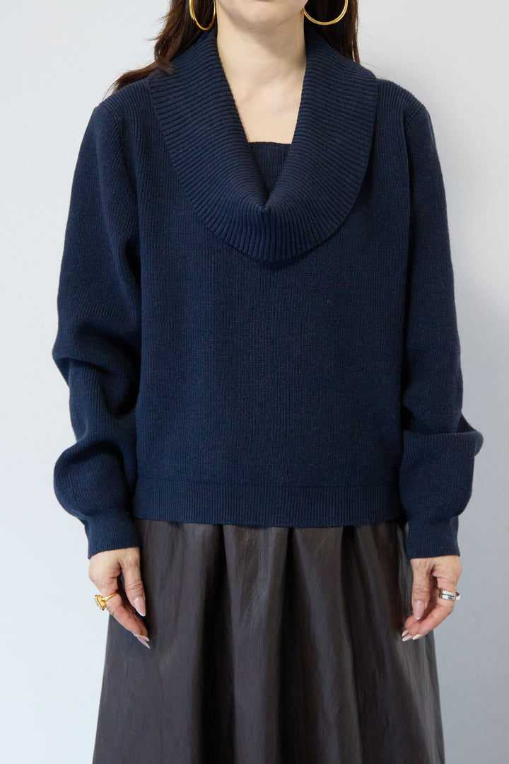 [SET]ショールカラーニットプルオーバー+エコレザーフレアスカート(2set)