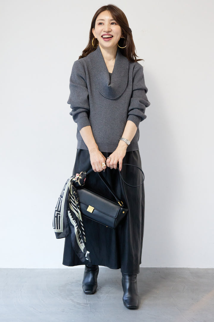 [SET]ショールカラーニットプルオーバー+エコレザーフレアスカート(2set)