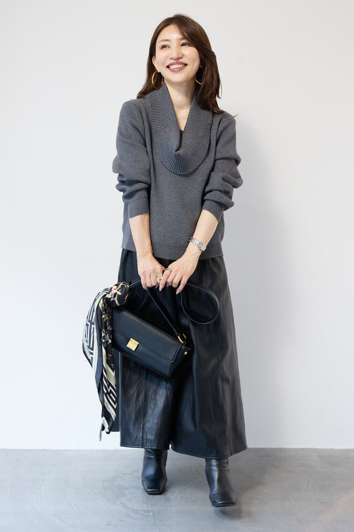 [SET]ショールカラーニットプルオーバー+エコレザーフレアスカート(2set)