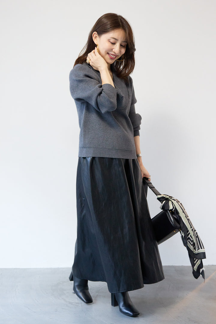 [SET]ショールカラーニットプルオーバー+エコレザーフレアスカート(2set)