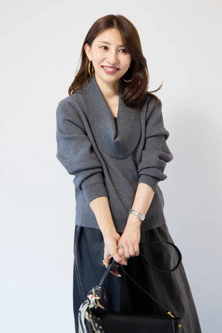 [SET]ショールカラーニットプルオーバー+エコレザーフレアスカート(2set)