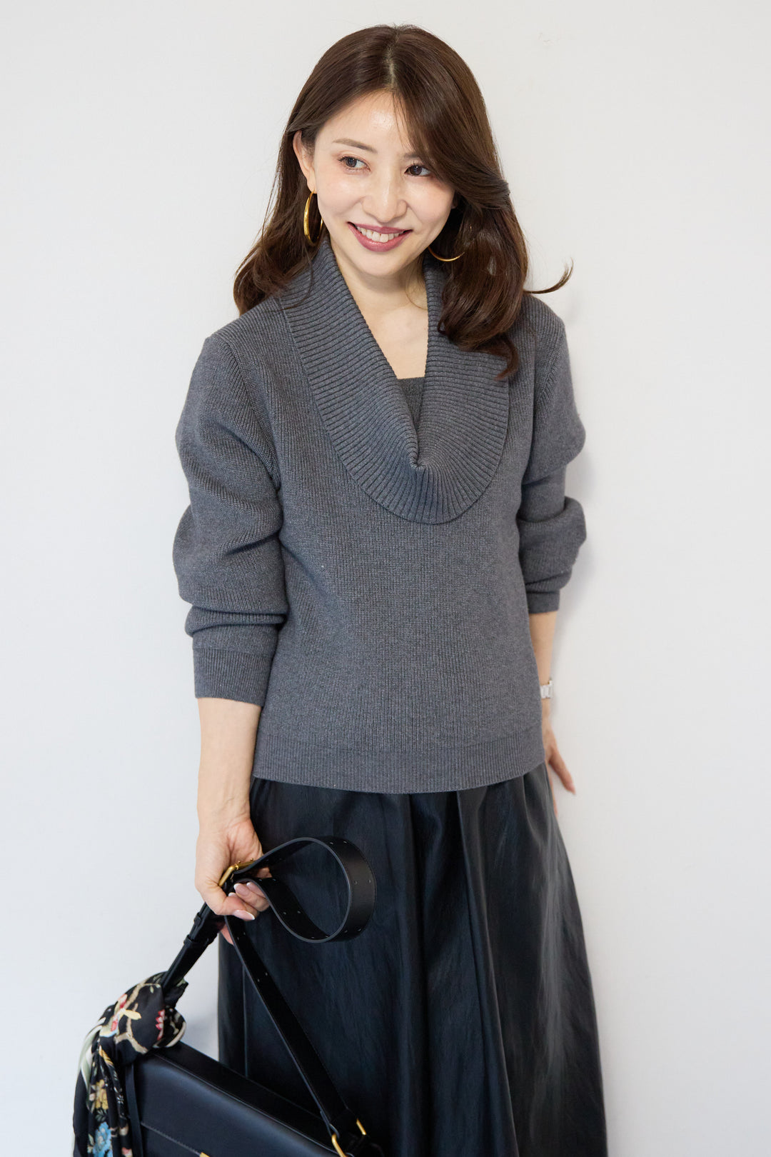 [SET]ショールカラーニットプルオーバー+エコレザーフレアスカート(2set)