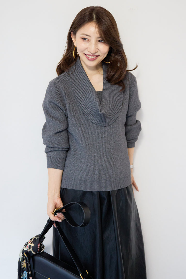 [SET]ショールカラーニットプルオーバー+エコレザーフレアスカート(2set)