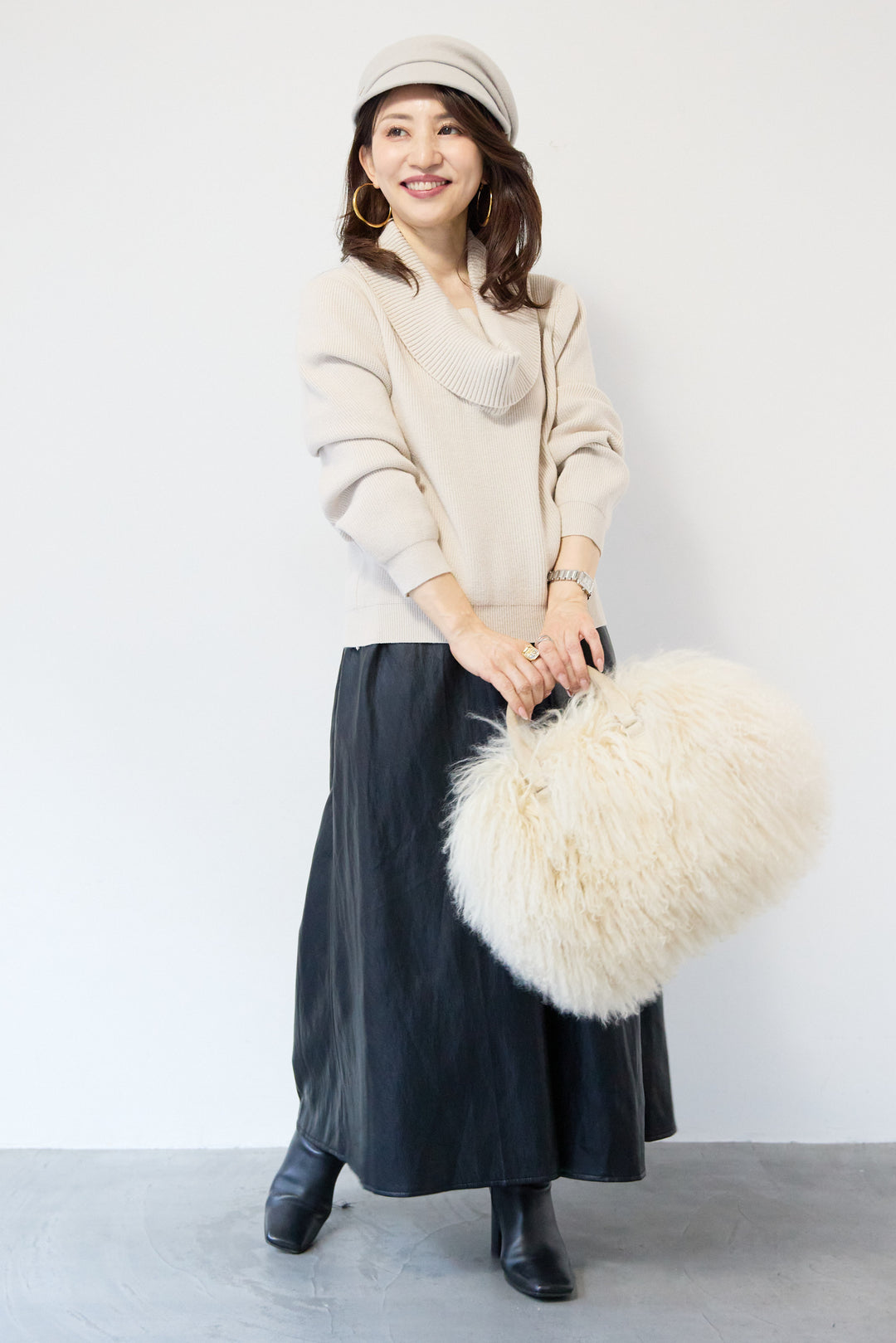 [SET]ショールカラーニットプルオーバー+エコレザーフレアスカート(2set)