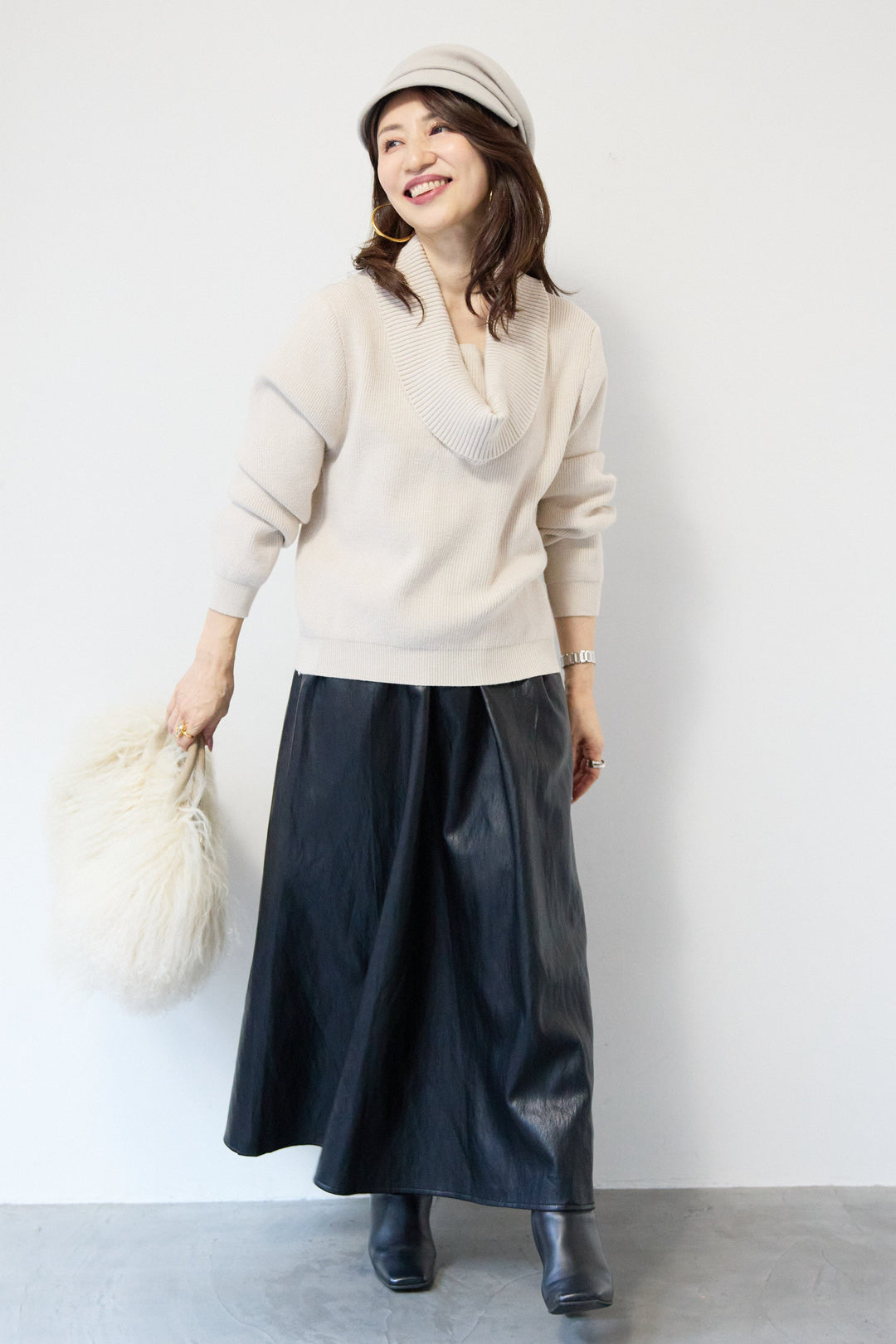 [SET]ショールカラーニットプルオーバー+エコレザーフレアスカート(2set)