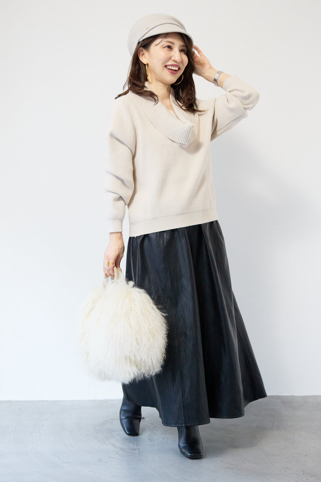 [SET]ショールカラーニットプルオーバー+エコレザーフレアスカート(2set)