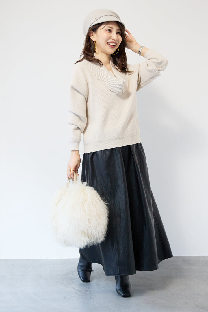 [SET]ショールカラーニットプルオーバー+エコレザーフレアスカート(2set)