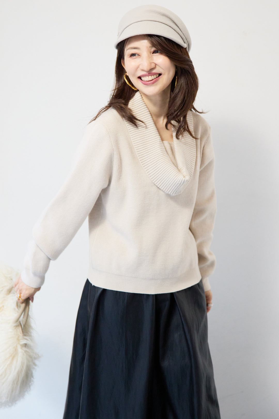 [SET]ショールカラーニットプルオーバー+エコレザーフレアスカート(2set)