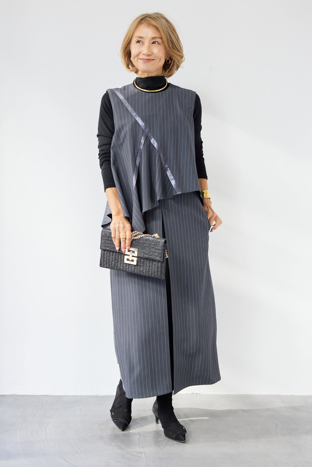 [SET]アシンメトリーストライプジャンスカ+タートルインナー(2set)