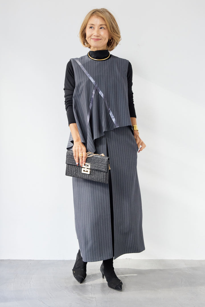 [SET]アシンメトリーストライプジャンスカ+タートルインナー(2set)