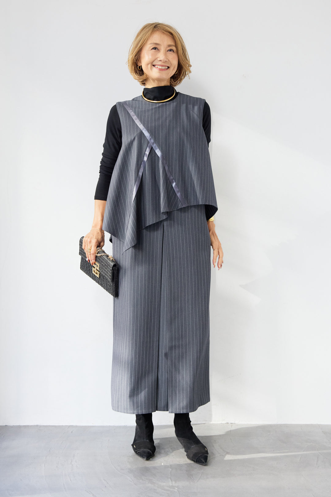 [SET]アシンメトリーストライプジャンスカ+タートルインナー(2set)