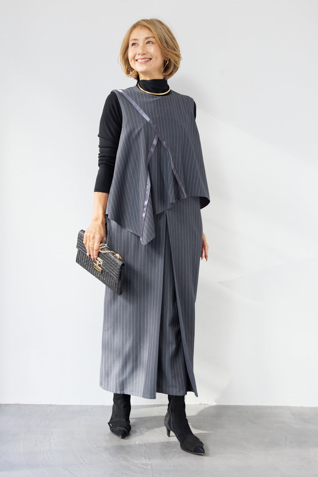 [SET]アシンメトリーストライプジャンスカ+タートルインナー(2set)