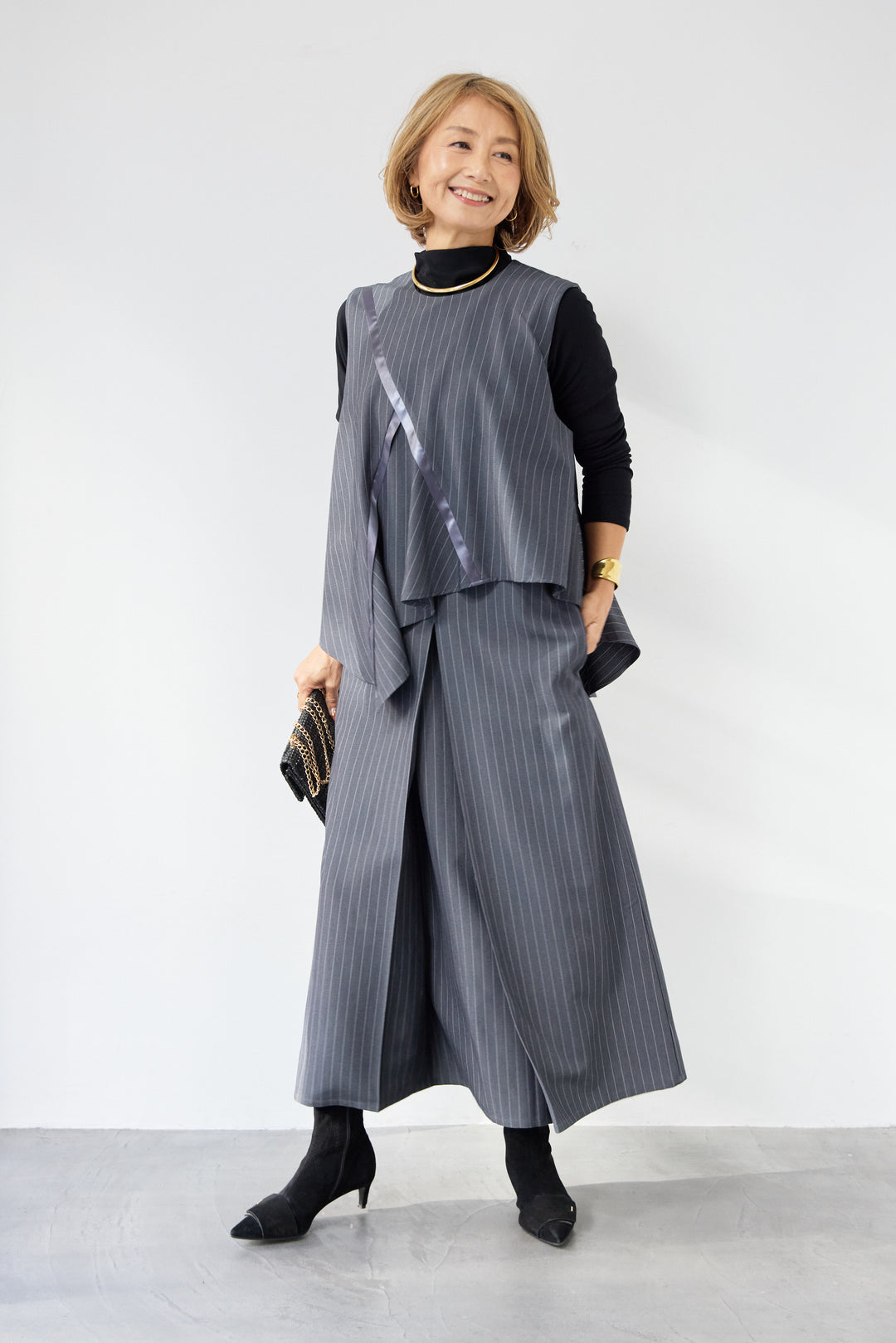 [SET]アシンメトリーストライプジャンスカ+タートルインナー(2set)