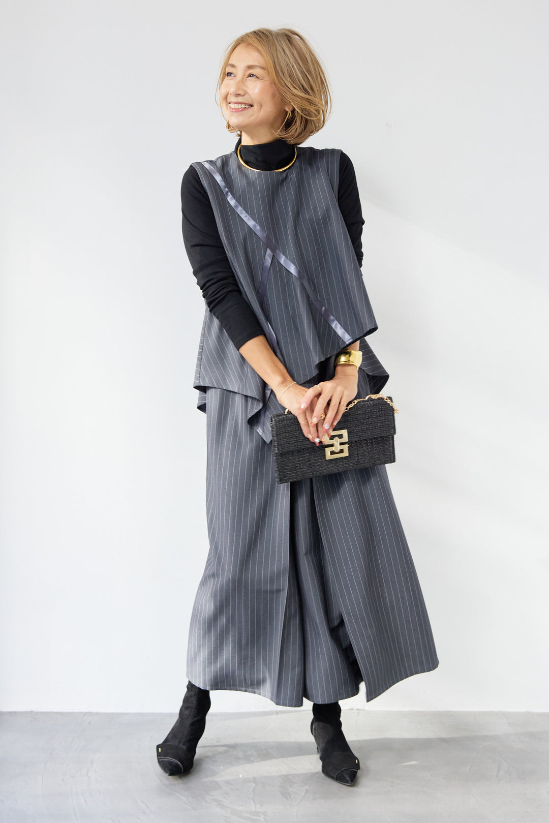 [SET]アシンメトリーストライプジャンスカ+タートルインナー(2set)