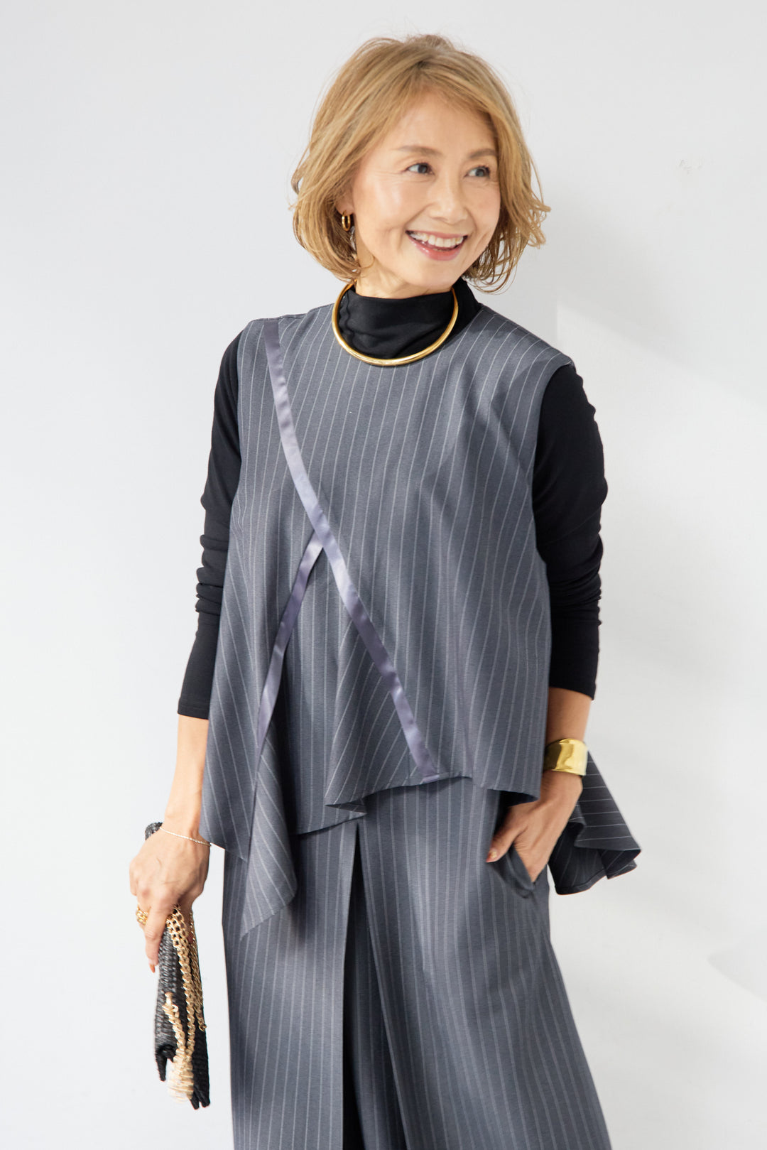 [SET]アシンメトリーストライプジャンスカ+タートルインナー(2set)