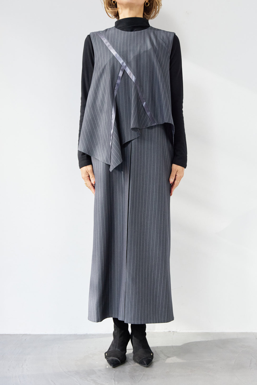 [SET]アシンメトリーストライプジャンスカ+タートルインナー(2set)