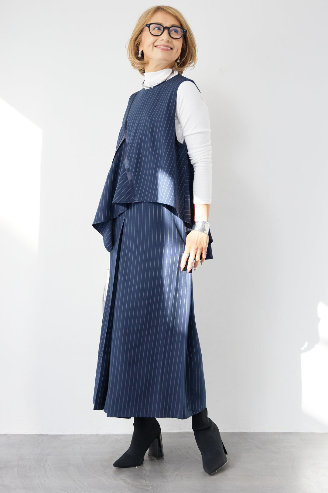 [SET]アシンメトリーストライプジャンスカ+タートルインナー(2set)