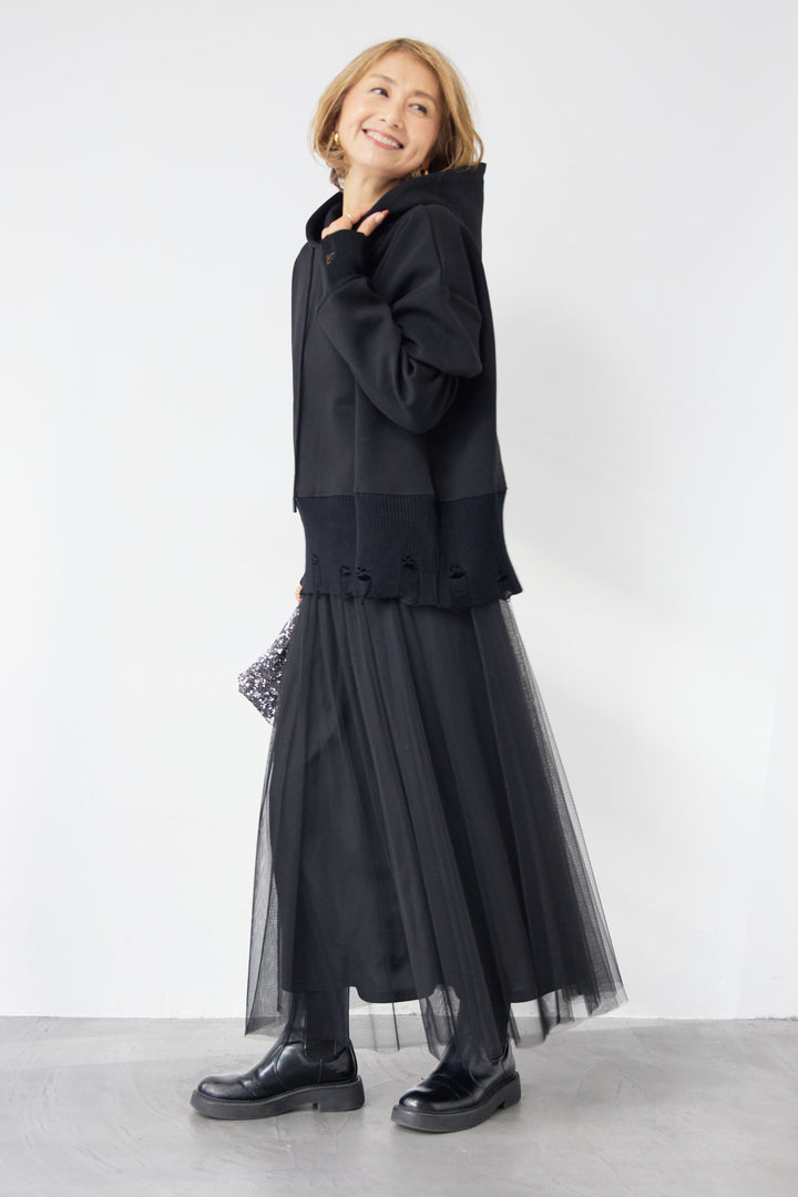 [SET]ダメージヘムデザインフーディ+チュールギャザースカート(2set)