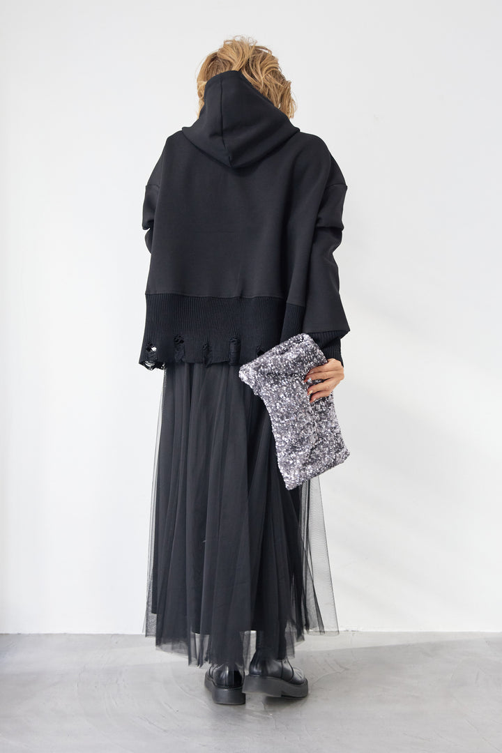 [SET]ダメージヘムデザインフーディ+チュールギャザースカート(2set)