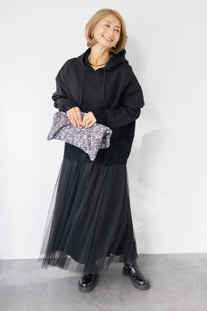 [SET]ダメージヘムデザインフーディ+チュールギャザースカート(2set)