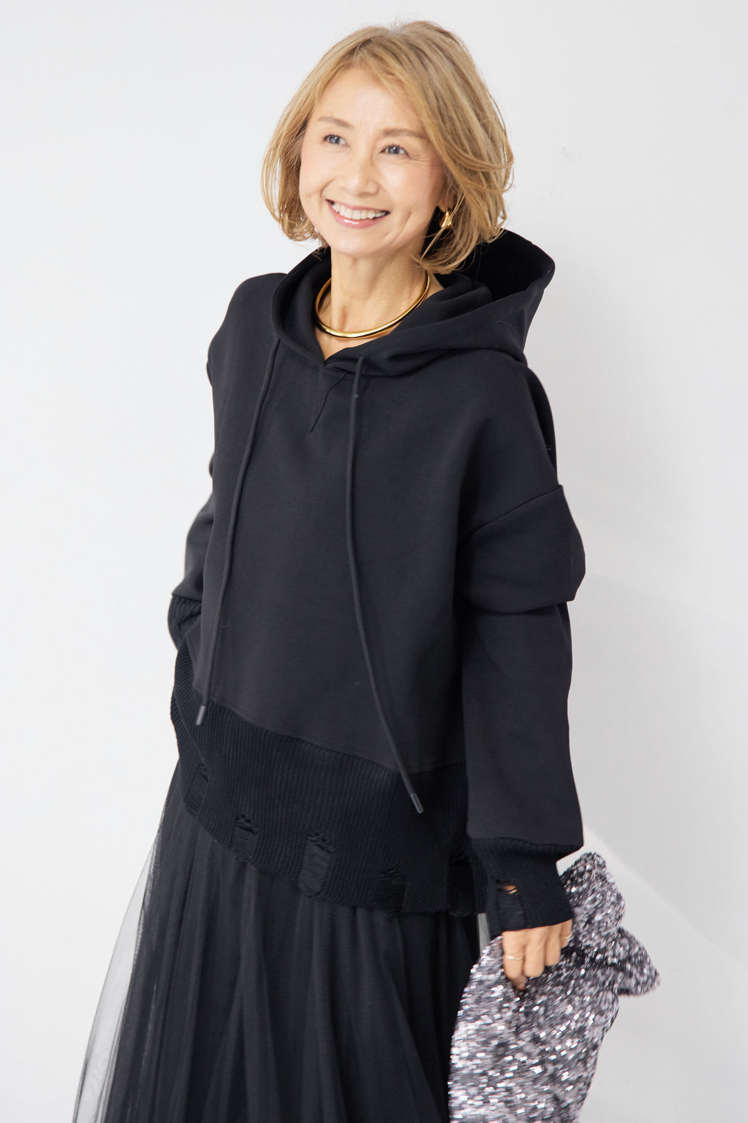 [SET]ダメージヘムデザインフーディ+チュールギャザースカート(2set)