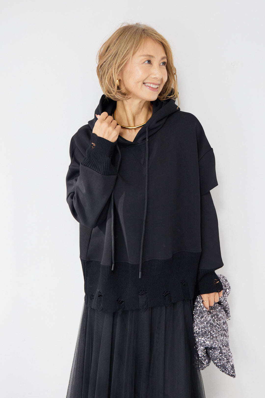 [SET]ダメージヘムデザインフーディ+チュールギャザースカート(2set)