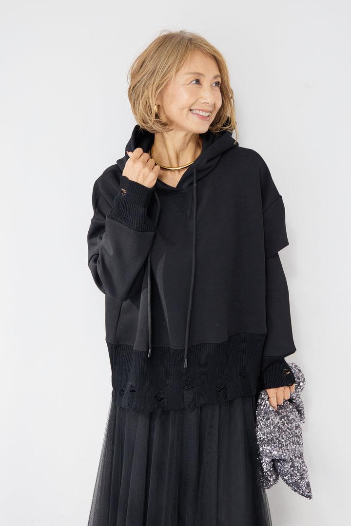 [SET]ダメージヘムデザインフーディ+チュールギャザースカート(2set)