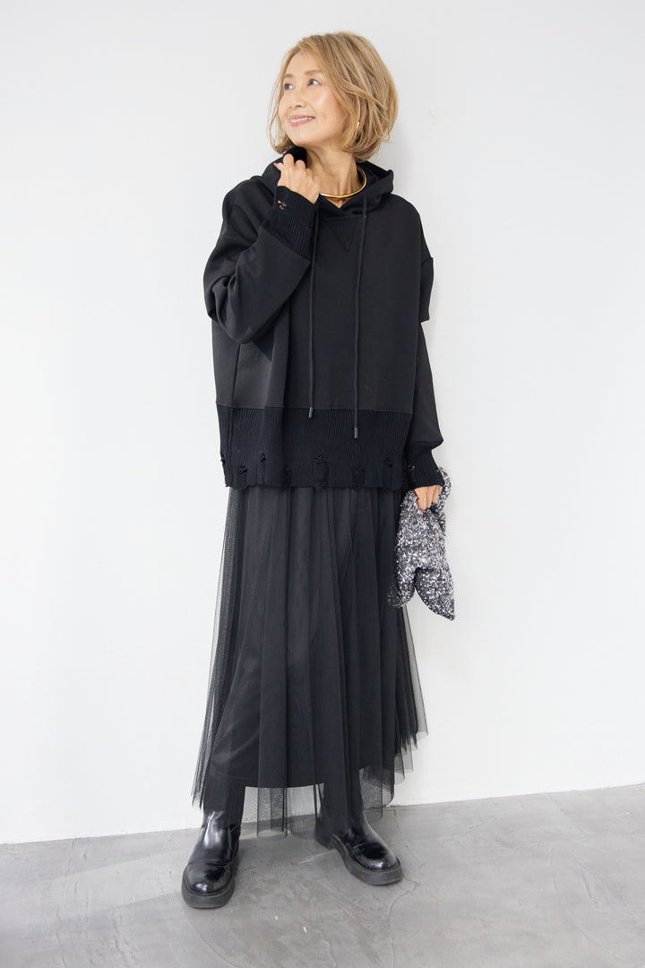 [SET]ダメージヘムデザインフーディ+チュールギャザースカート(2set)