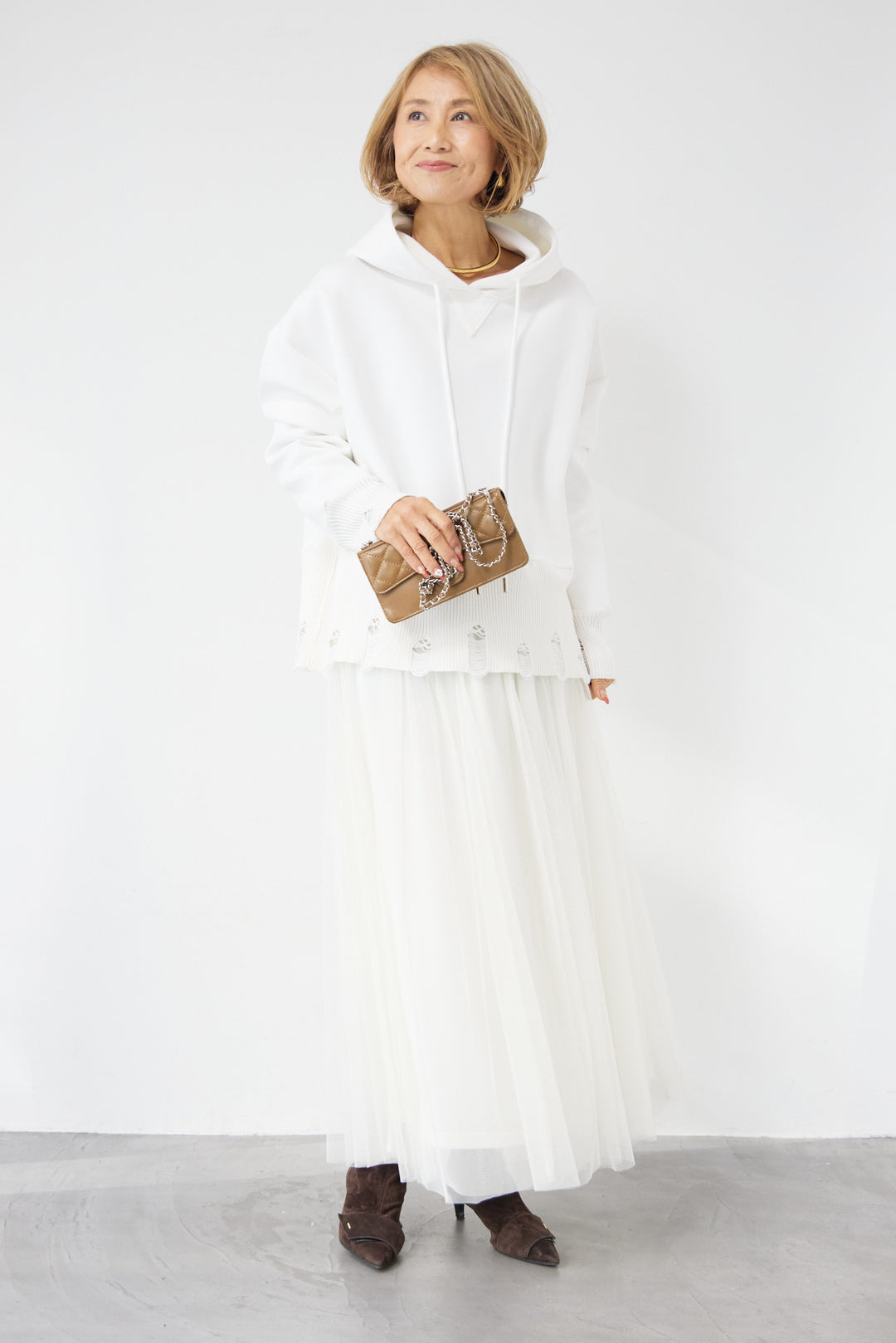 [SET]ダメージヘムデザインフーディ+チュールギャザースカート(2set)