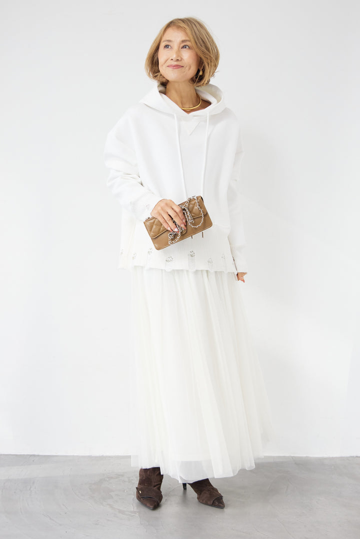 [SET]ダメージヘムデザインフーディ+チュールギャザースカート(2set)