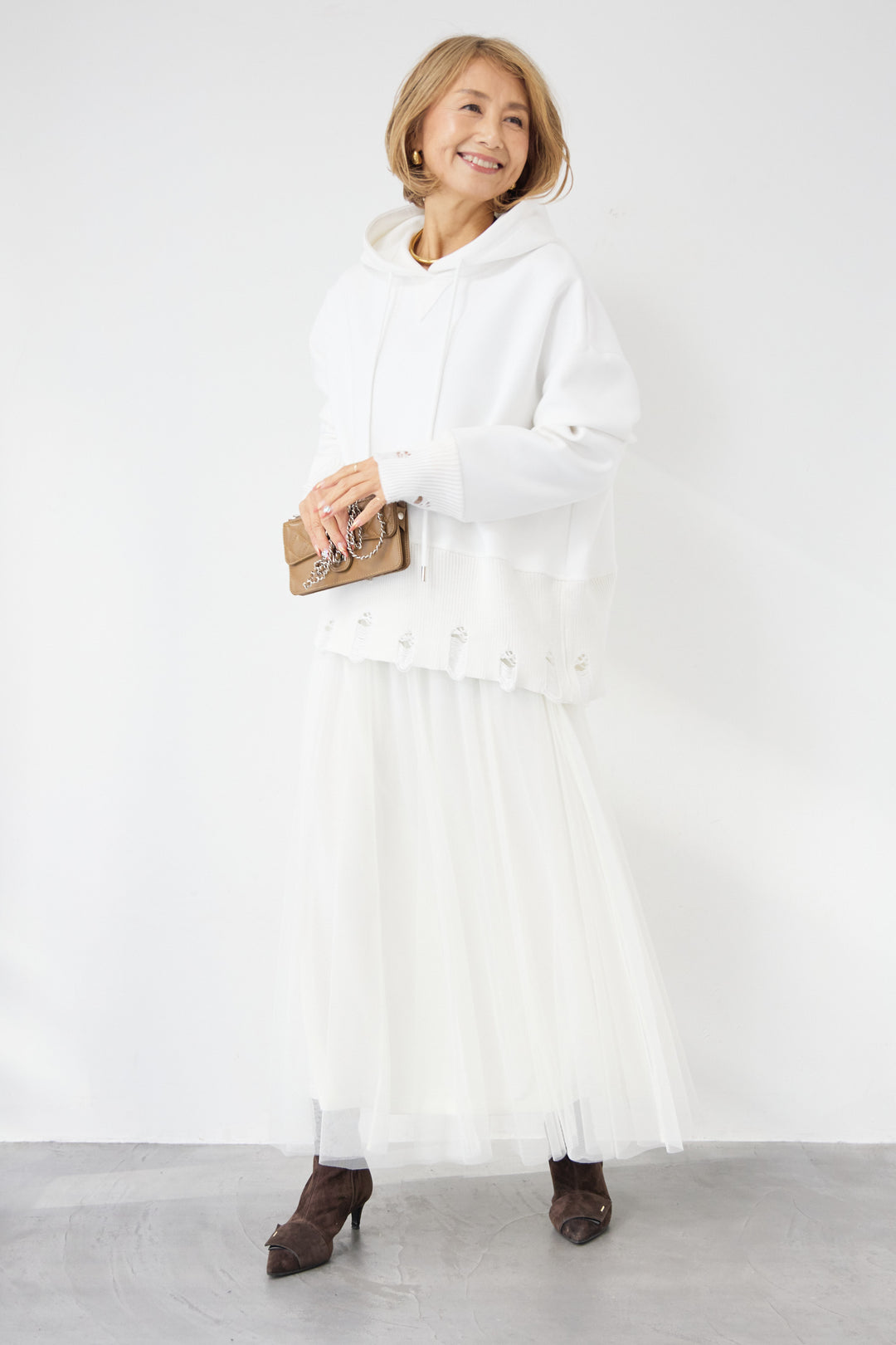 [SET]ダメージヘムデザインフーディ+チュールギャザースカート(2set)