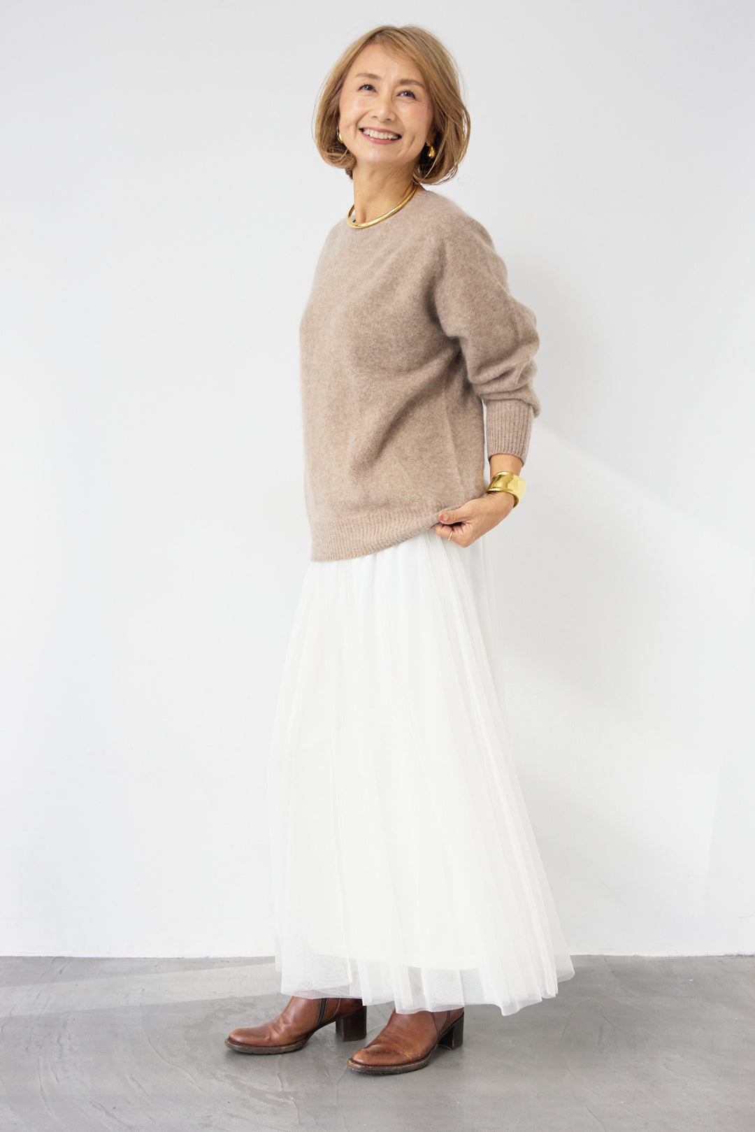 [SET]カシミヤウールニット+チュールギャザースカート(2set)