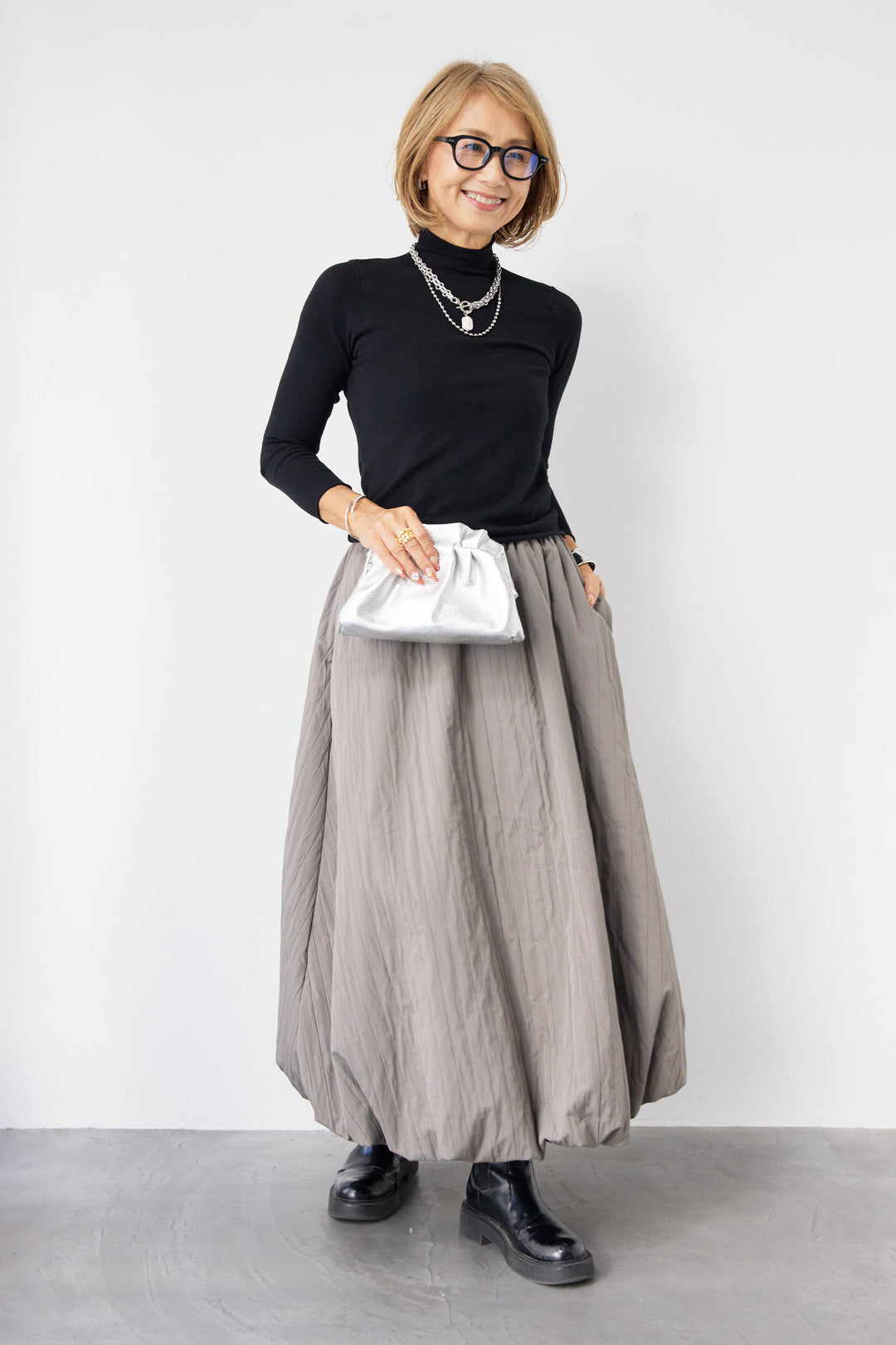 [SET]ロールエッジタートルニット+中綿エアリーバルーンスカート(2set)