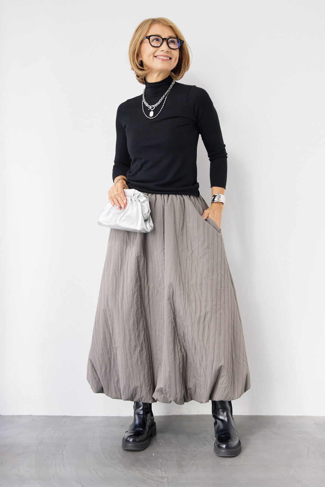 [SET]ロールエッジタートルニット+中綿エアリーバルーンスカート(2set)