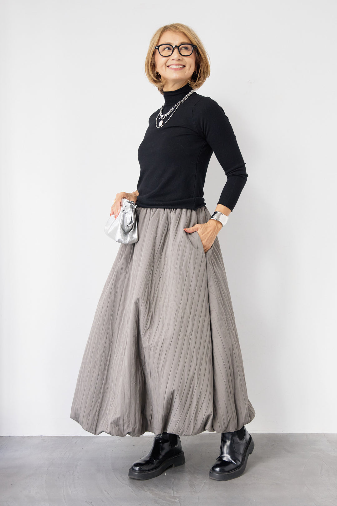 [SET]ロールエッジタートルニット+中綿エアリーバルーンスカート(2set)