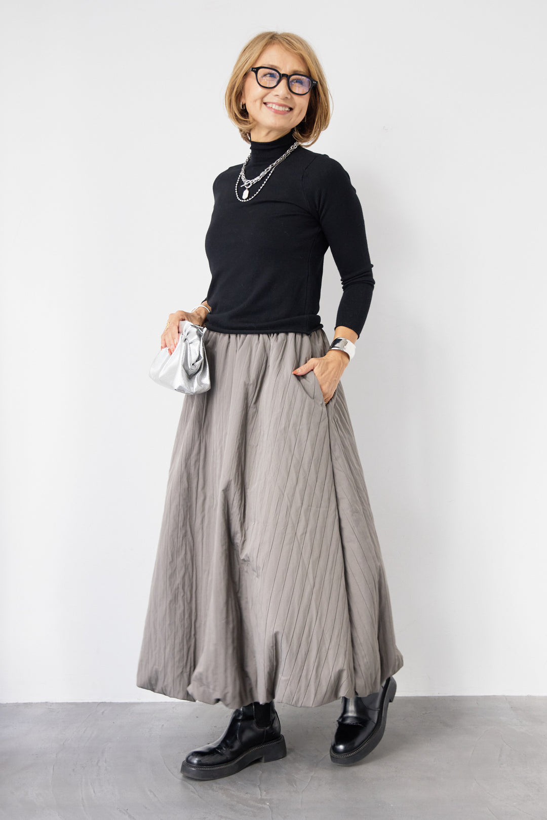 [SET]ロールエッジタートルニット+中綿エアリーバルーンスカート(2set)