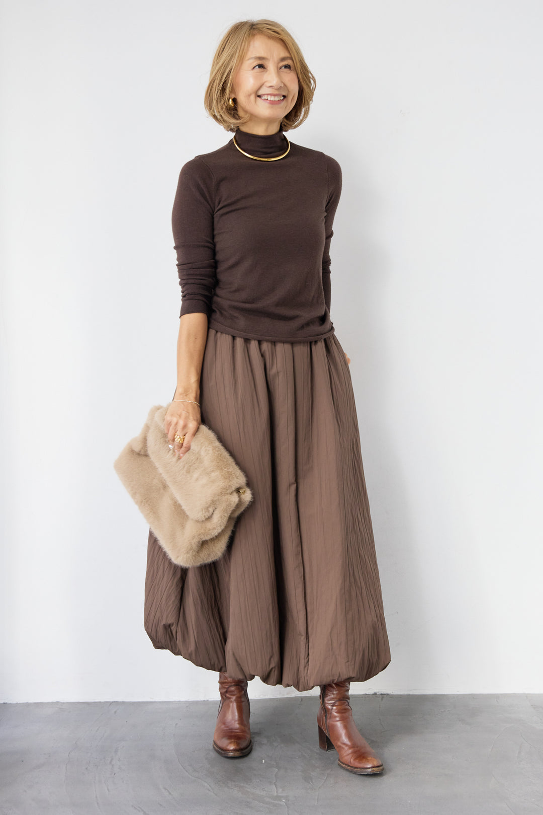 [SET]ロールエッジタートルニット+中綿エアリーバルーンスカート(2set)