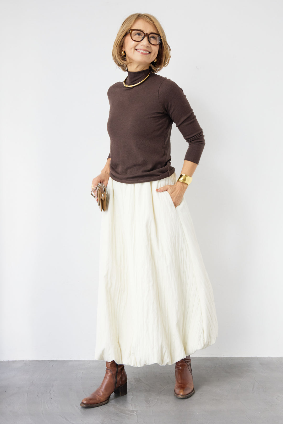 [SET]ロールエッジタートルニット+中綿エアリーバルーンスカート(2set)