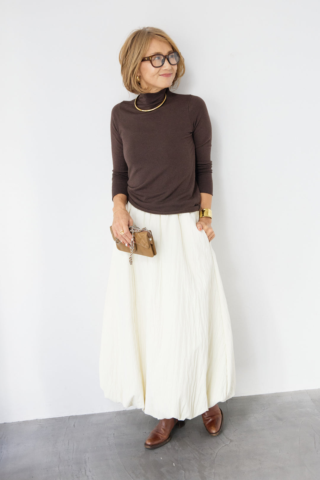 [SET]ロールエッジタートルニット+中綿エアリーバルーンスカート(2set)