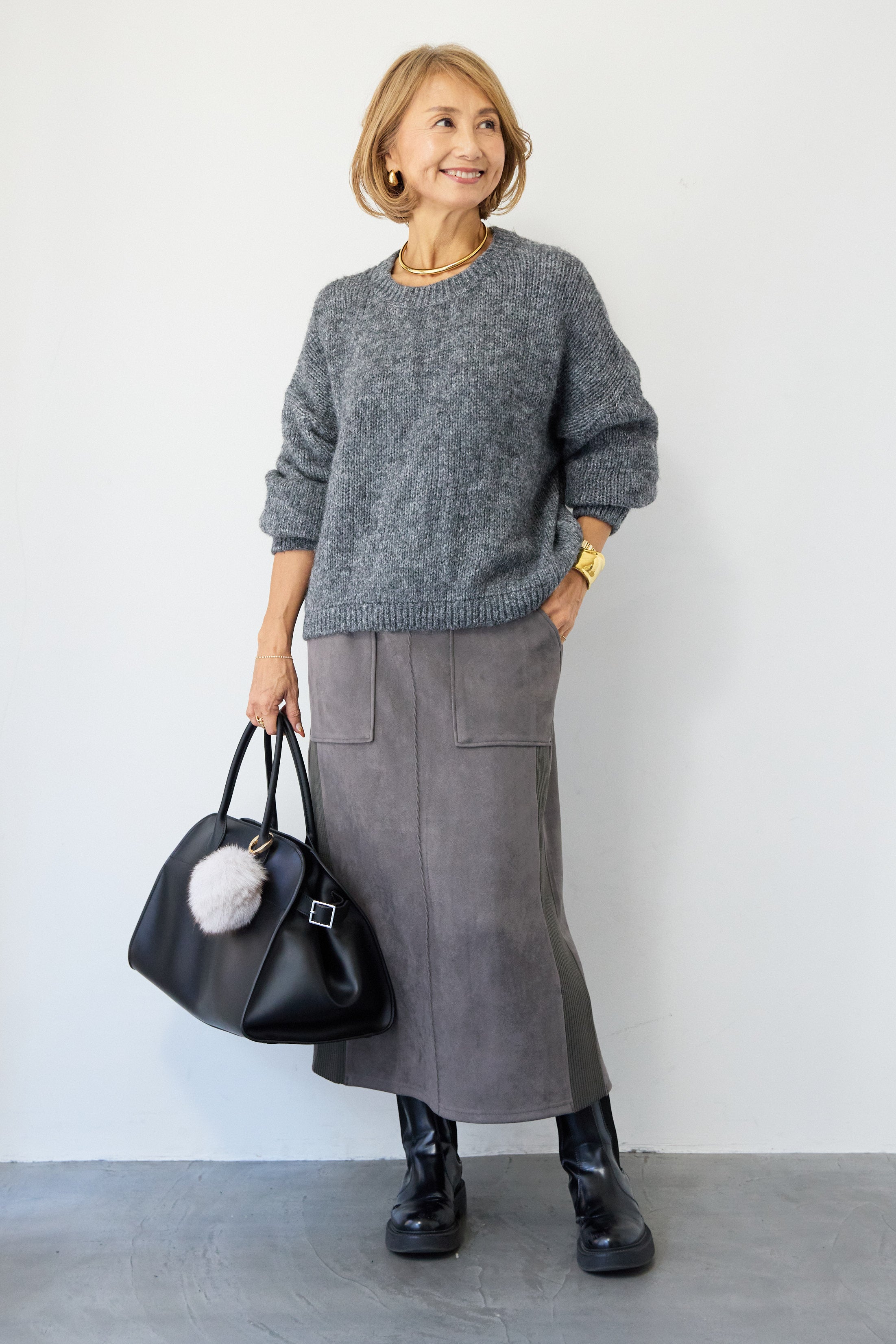 SET]ソフトメランジ クルーネックニット+スエード×リブワークスカート