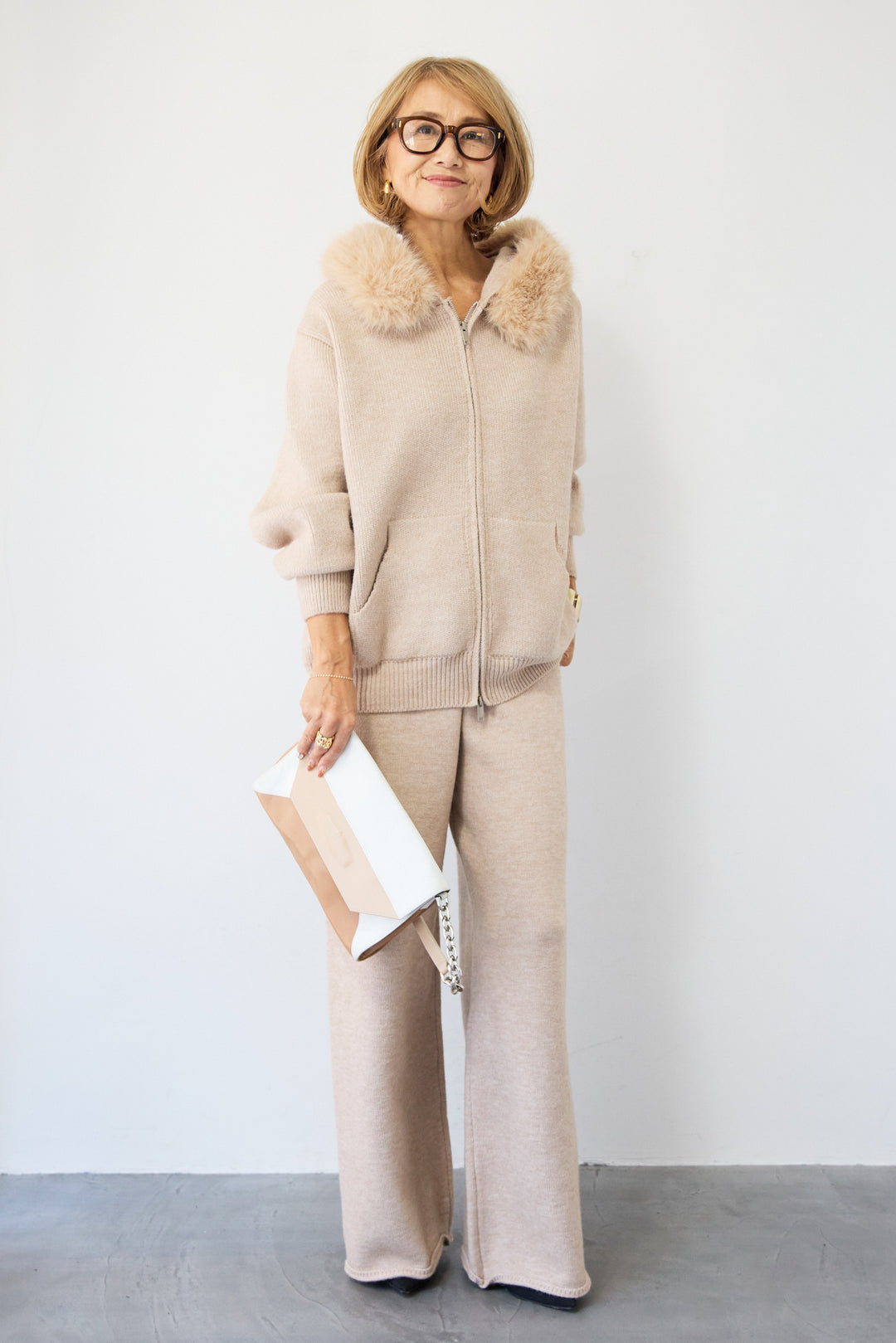 ファーフードジップニットパーカーセットアップ