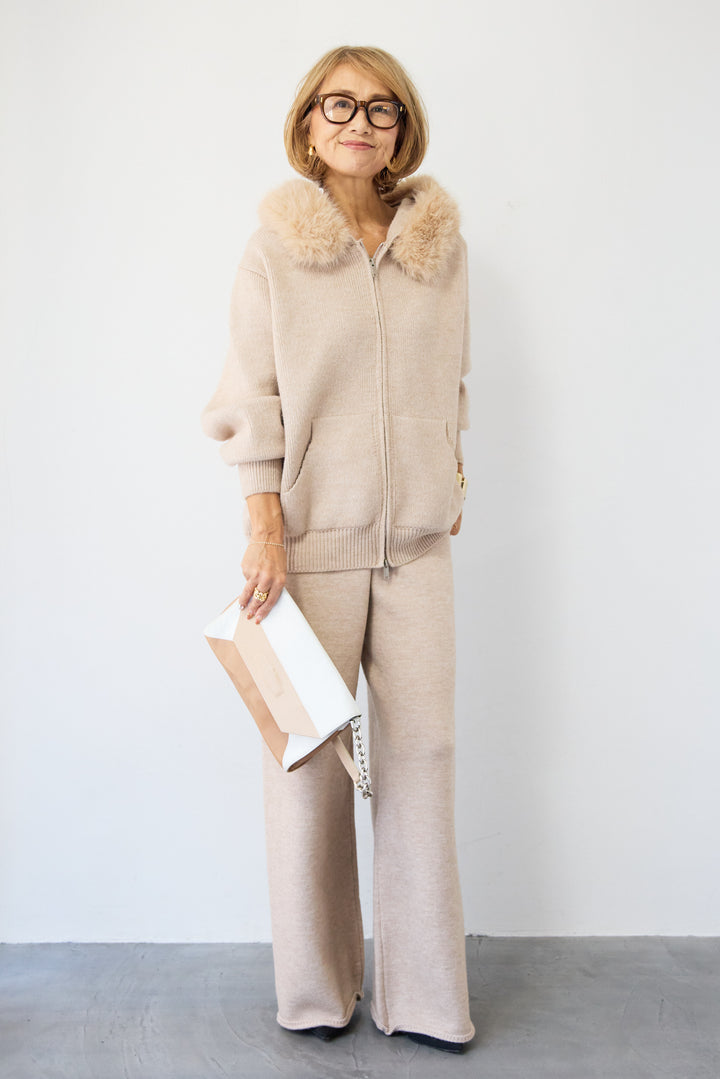 ファーフードジップニットパーカーセットアップ