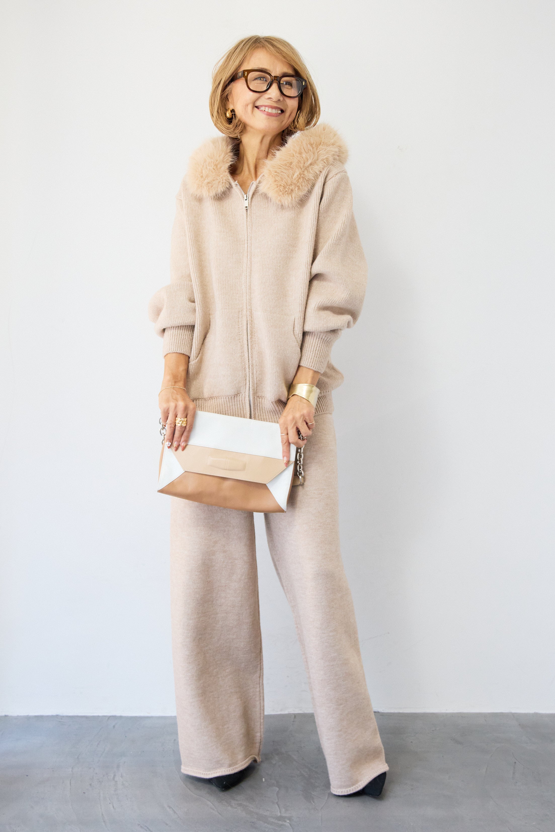 ファーフードジップニットパーカーセットアップ – plusotoha