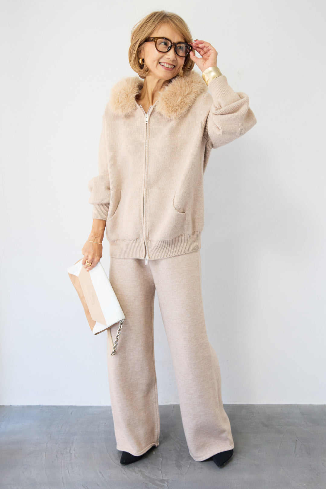 ファーフードジップニットパーカーセットアップ