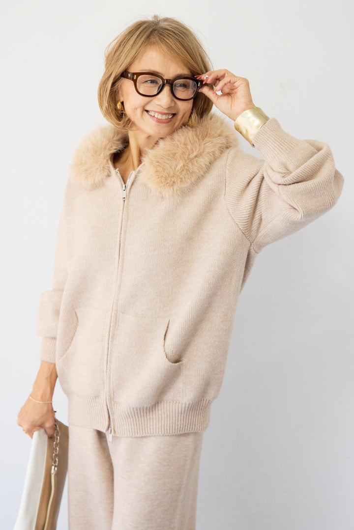 ファーフードジップニットパーカーセットアップ