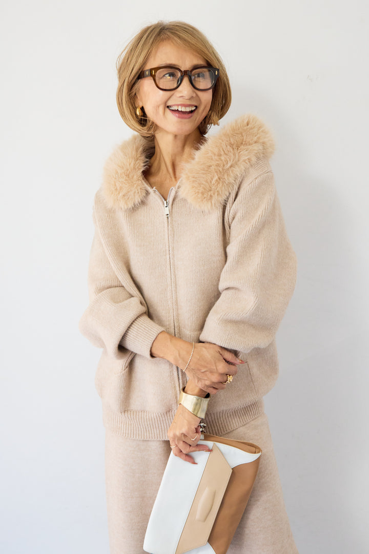 ファーフードジップニットパーカーセットアップ