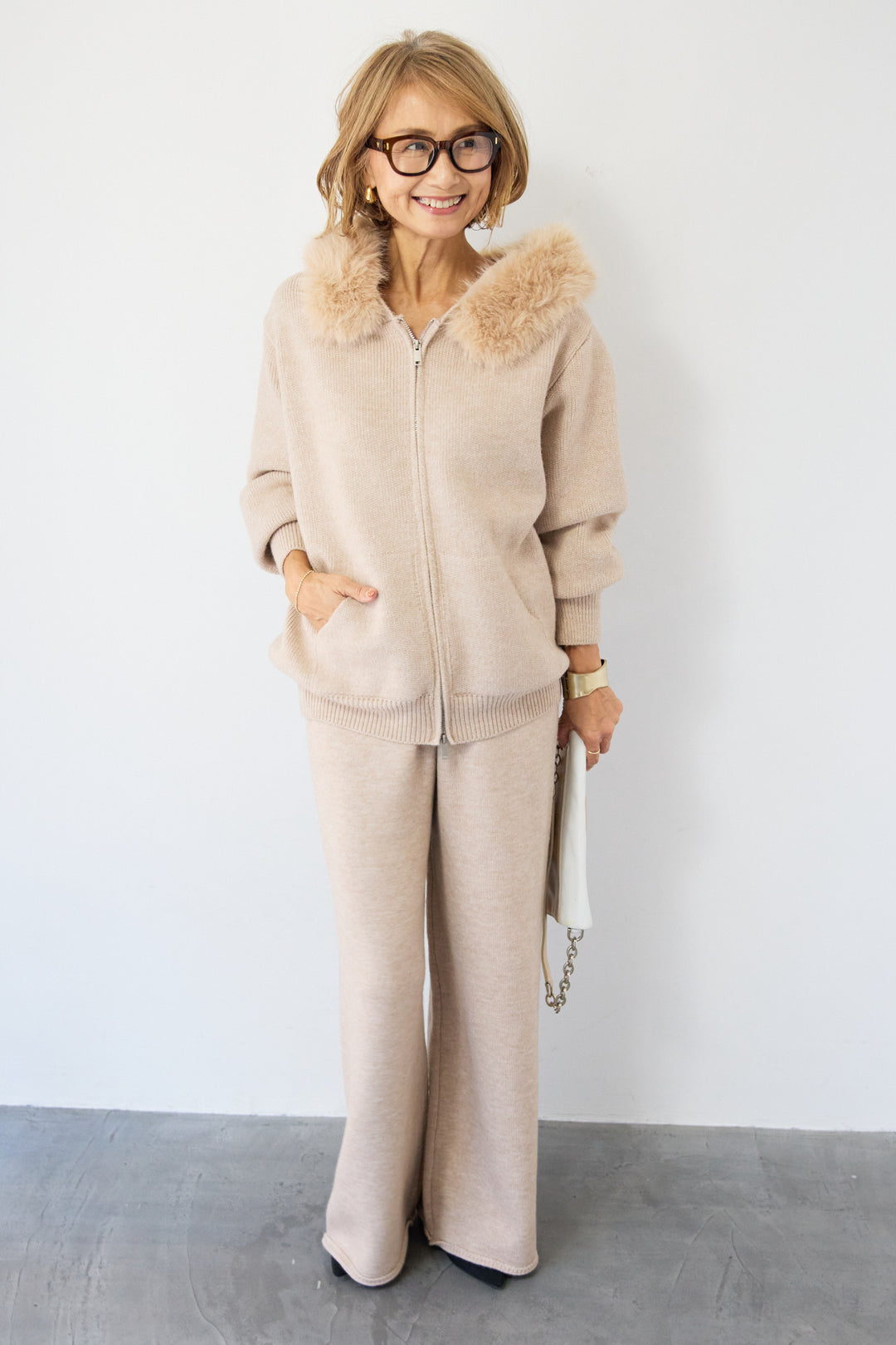 ファーフードジップニットパーカーセットアップ