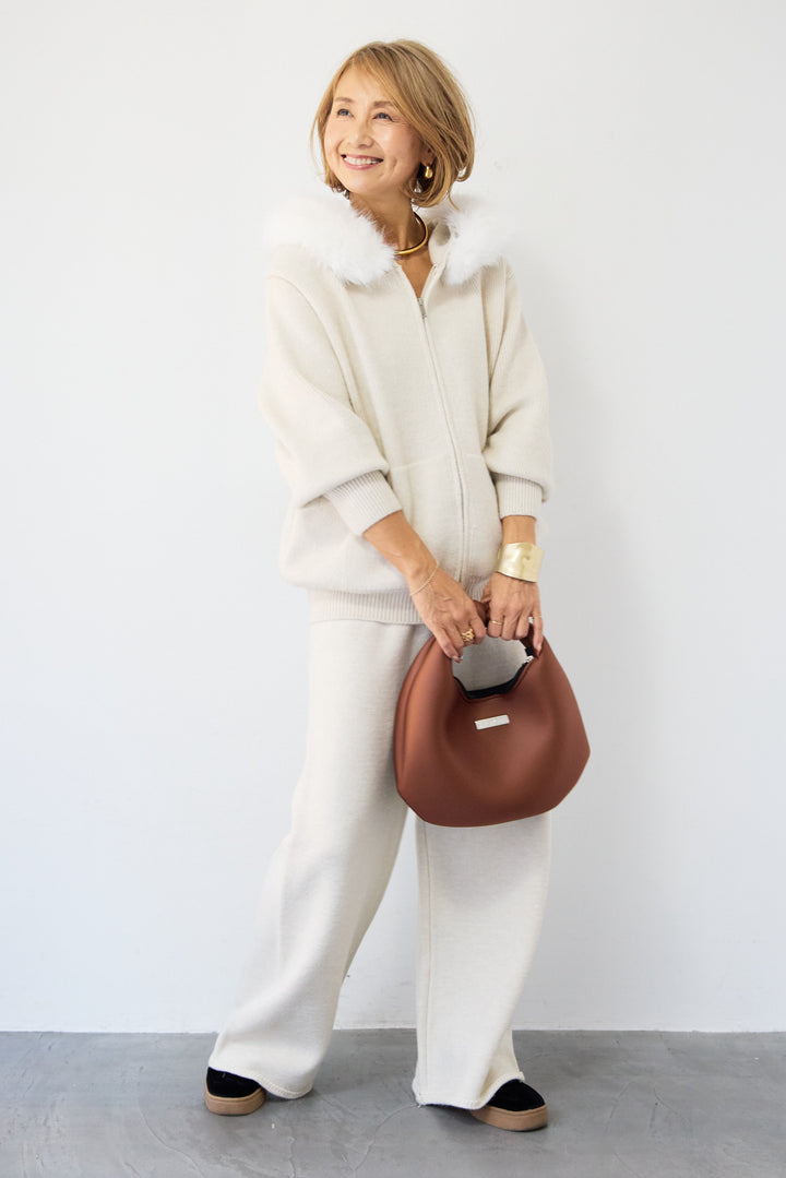 ファーフードジップニットパーカーセットアップ