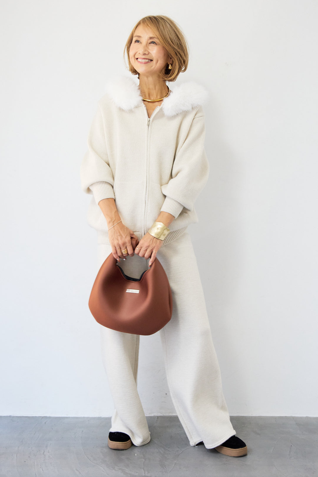 ファーフードジップニットパーカーセットアップ