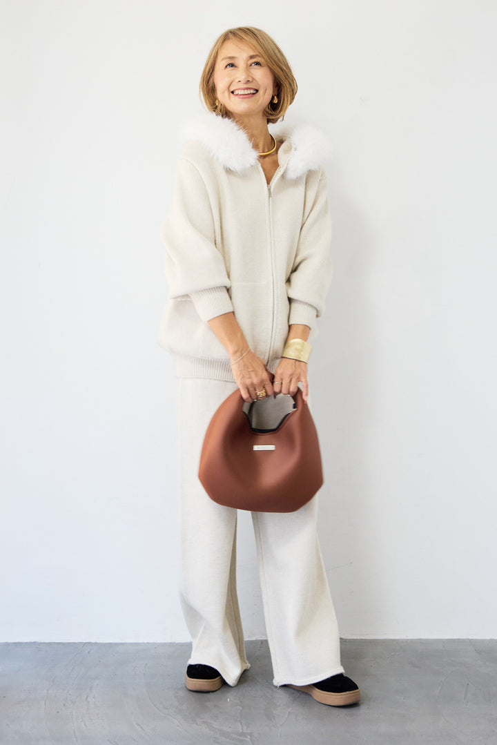 ファーフードジップニットパーカーセットアップ